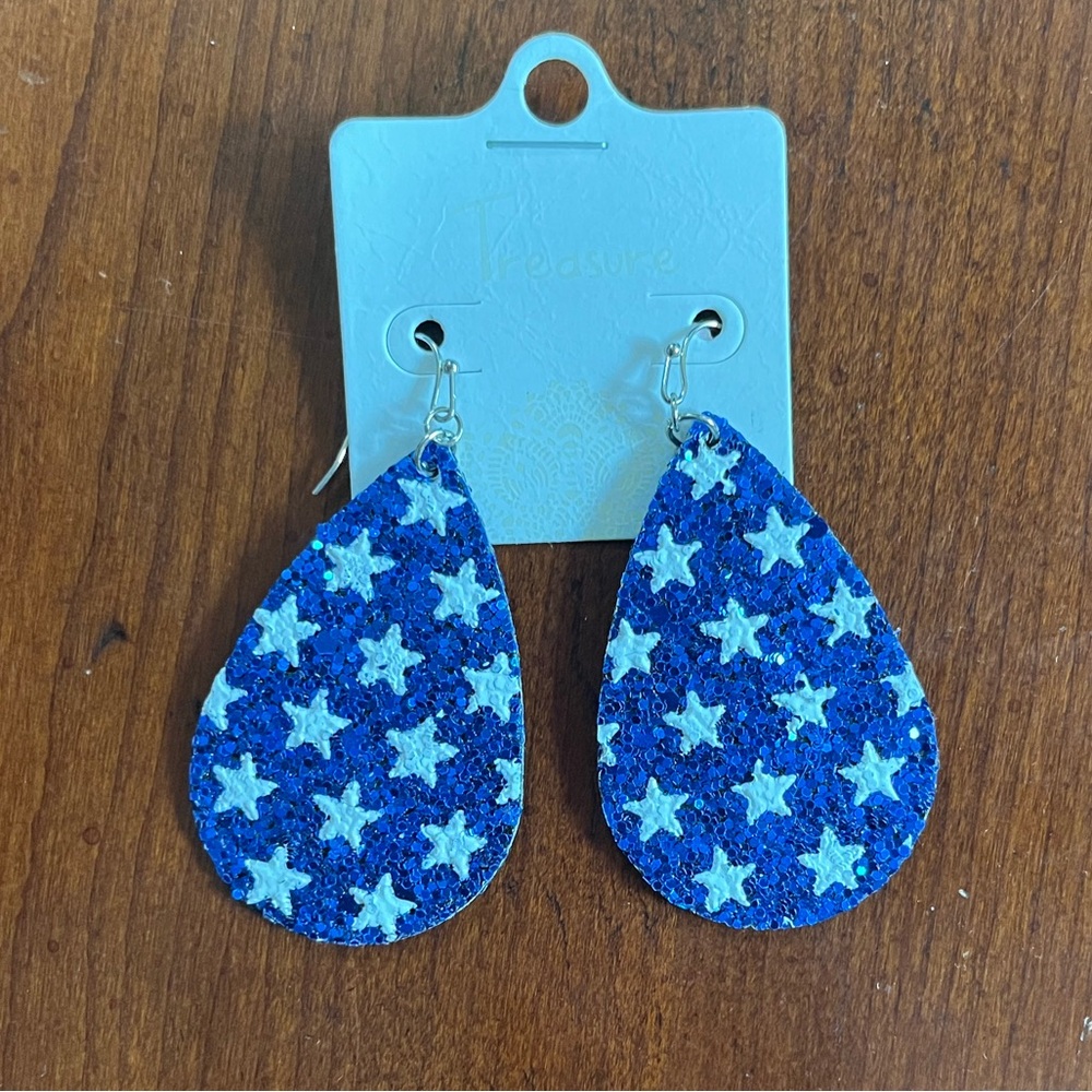 Teardrop Earrings. Blue sparkle w white stars. NWT.